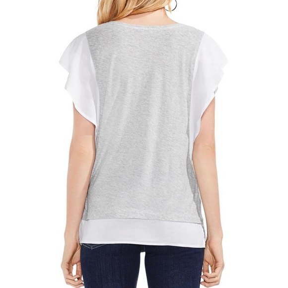 Vince Camuto Mixed Media Flutter Sleeve Top, Gray and White, Medium - Picture 4 of 7